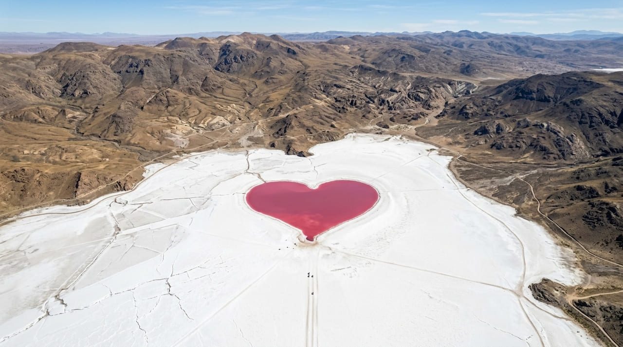 A NASA observa a Argentina a partir da Estação Espacial Internacional e detecta um enorme coração rosa com quase 10 quilômetros de largura, cuja cor não tem uma origem tão romântica quanto parece