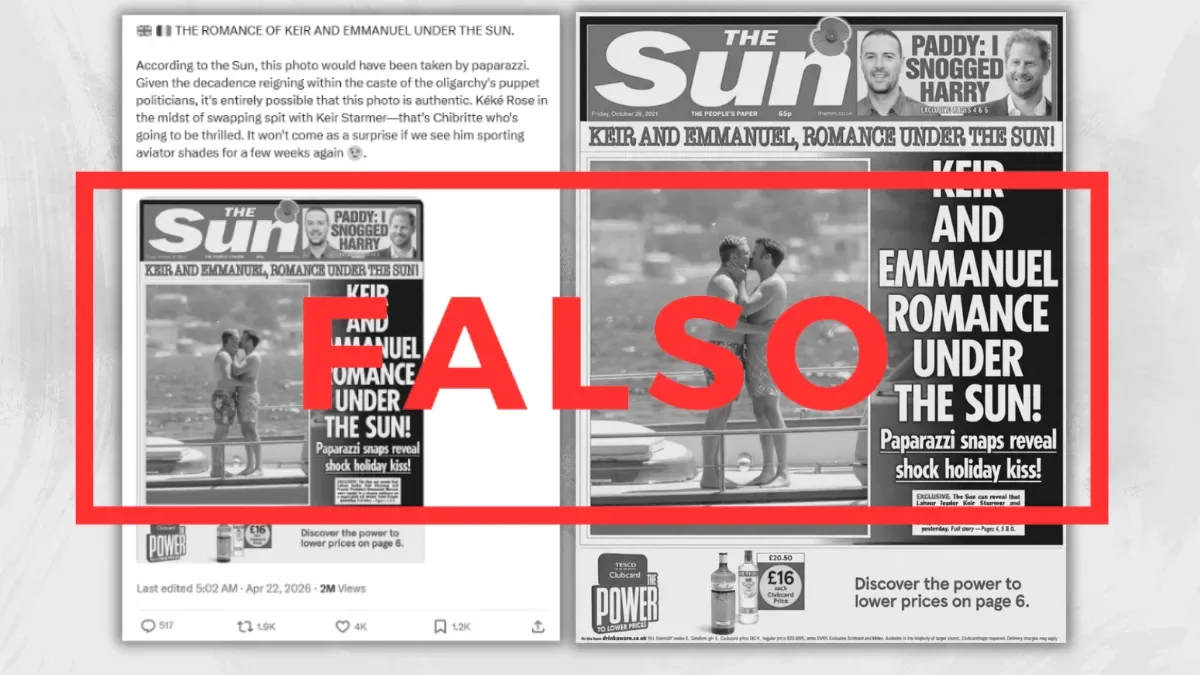 No, el diario The Sun no publicó una portada con Emmanuel Macron y el primer ministro británico besándose