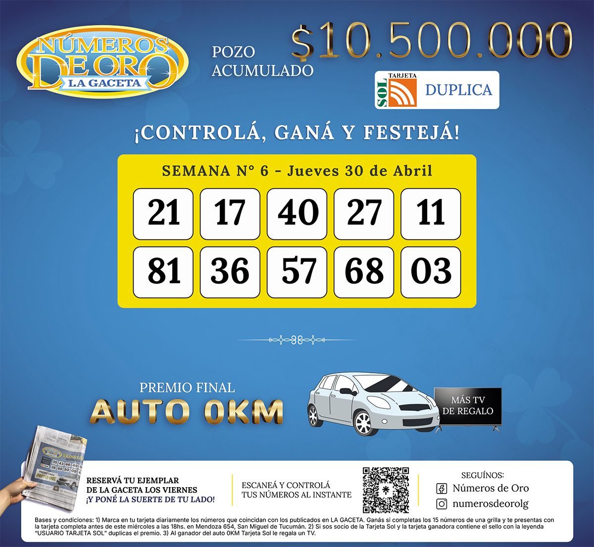 Los Números de Oro de LA GACETA del 30 de abril de 2026